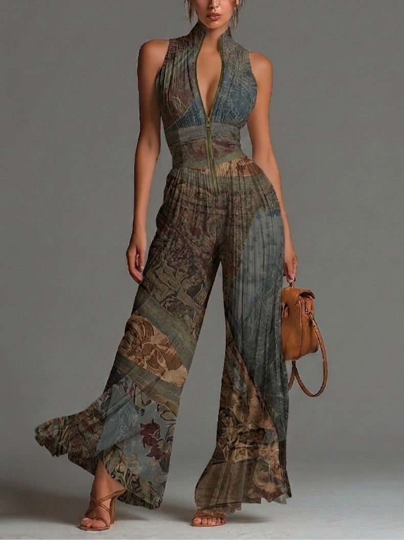 Ærmeløs Jumpsuit i Chiffon med Bohemisk Etnisk Print