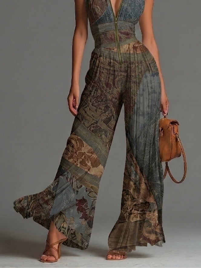 Ærmeløs Jumpsuit i Chiffon med Bohemisk Etnisk Print